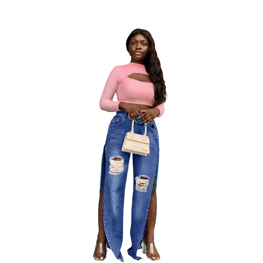 Damen Hochtaillierte Wide-Leg-Jeanshose mit Knie-Rissen und seitlichen Schlitzen Shop Nory