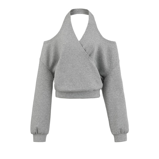 Damen Cropped Sweatshirt mit Neckholder, Cold-Shoulder und Wickeloptik Shop Nory