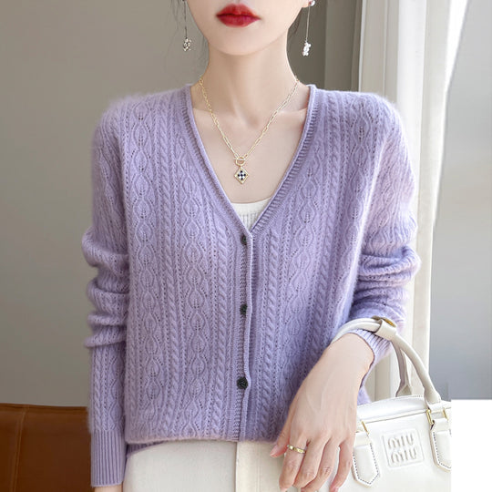 Damen Kurzer Zopfmuster-Cardigan im Mohair-Look mit V‑Ausschnitt und gerippten Bündchen Shop Nory