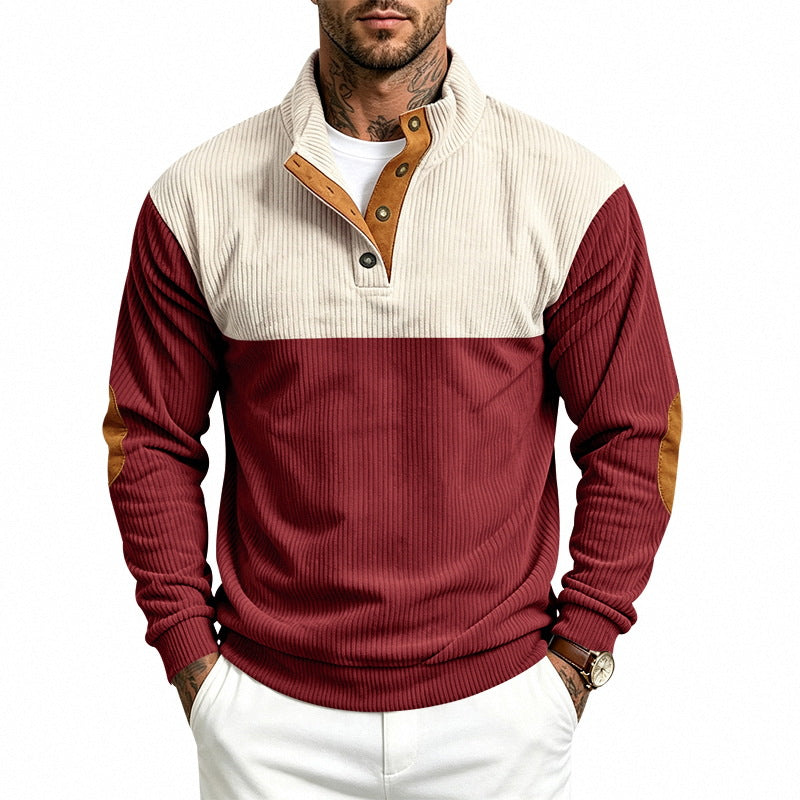 Herren Strukturierter Troyer-Pullover mit Stehkragen, Druckknopfleiste und Ellbogen‑Patches Shop Nory