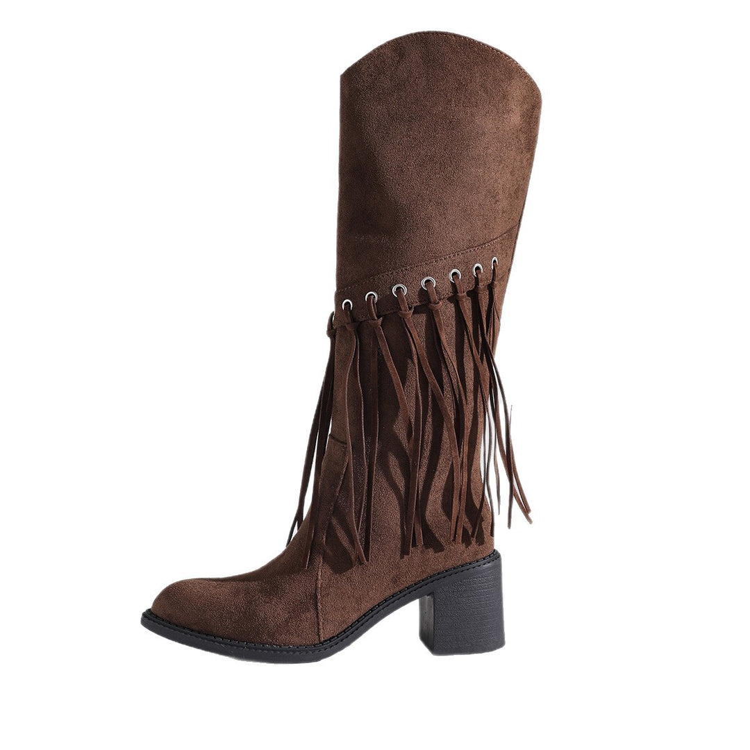 Damen wadenhohe Fransen-Stiefel in Wildlederoptik mit Ösendetail und mittelhohem Blockabsatz Shop Nory