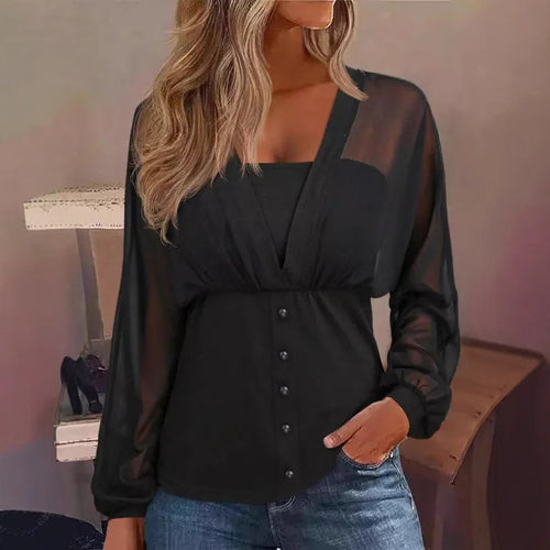 Damen transparentes Chiffon-Blusentop mit Knopfleiste und taillierter Passform Shop Nory