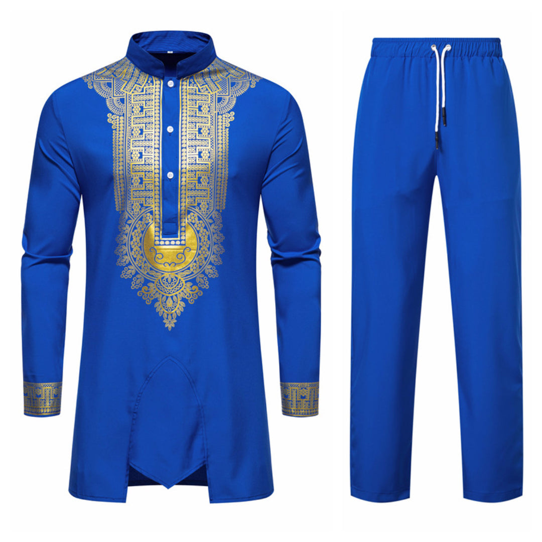 Herren Traditionelles Tunika-Set mit Stehkragen und goldfarbenem Ornamentdruck, Longshirt & Tunnelzughose Shop Nory