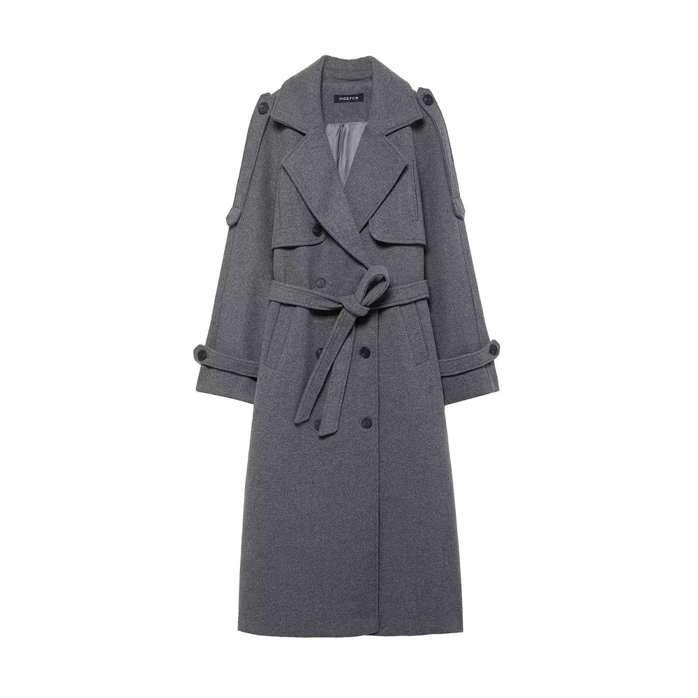 Damen Langer doppeltreihiger Wollmantel mit Taillengürtel und Schulterklappen Shop Nory