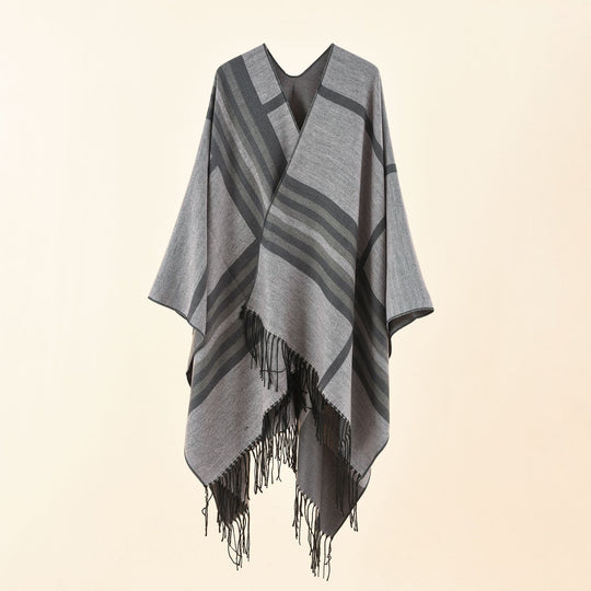 Damen Kastiger Ruana-Überwurf mit Fransen und diagonalem Streifenjacquard Shop Nory