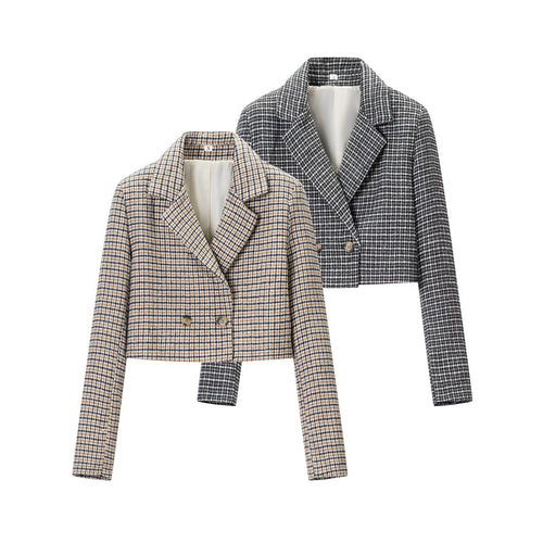Damen Cropped Wollmischblazer mit Hahnentritt‑Muster und doppelreihiger Knopfleiste Shop Nory