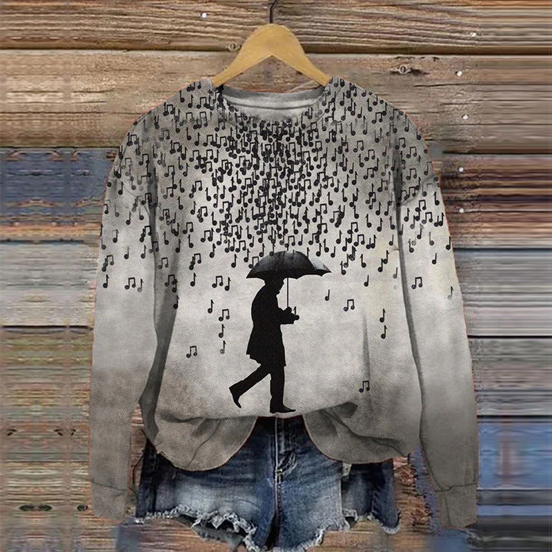 Damen Langärmliges Relax-Sweatshirt mit Notenregen-Print und Silhouetten-Motiv Shop Nory