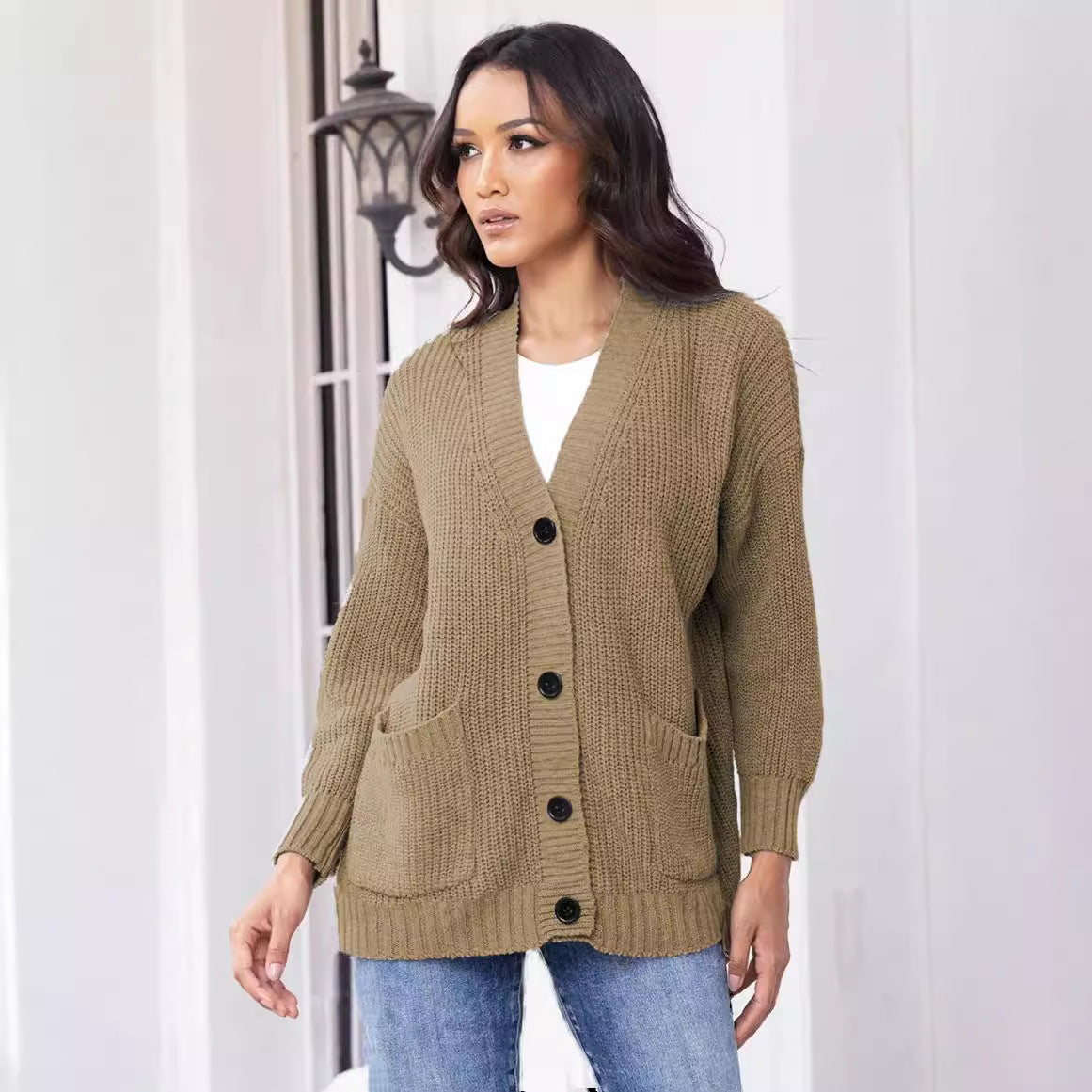 Damen Grobstrick-Cardigan mit praktischen Taschen und klassischem Knopfverschluss