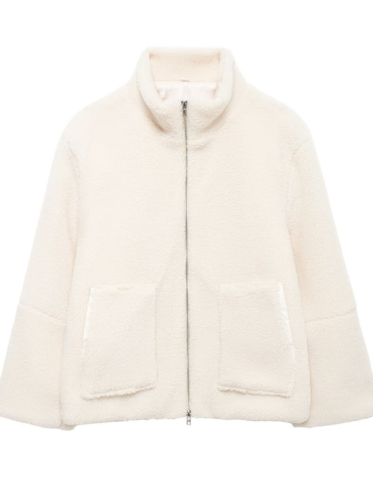Damen Boxy-Teddyfleece-Jacke mit Stehkragen, Zwei-Wege-Reißverschluss und aufgesetzten Taschen Shop Nory