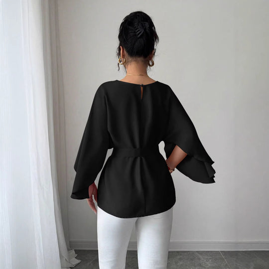 Damen Elegante Chiffon-Tunika mit Cape-Ärmeln und Taillengürtel Shop Nory