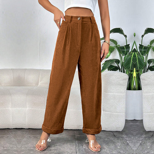 Damen hochgeschnittene Cordhose mit weitem Bein, Bundfalten und umgeschlagenem Saum Shop Nory