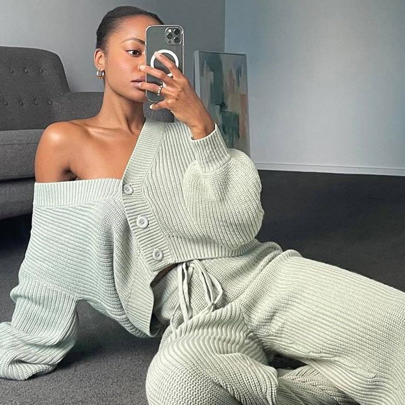 Damen Geripptes Strick-Loungewear-Set mit geknöpftem Cropped-Cardigan und High‑Waist Kordelhose Shop Nory
