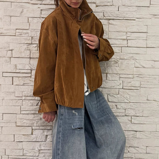 Damen Oversize Veloursleder-Blouson mit hohem Stehkragen und Metallreißverschluss Shop Nory