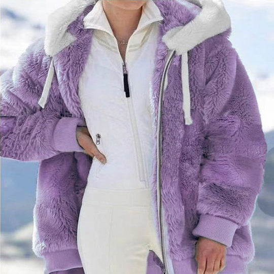 Damen Oversized Sherpa-Zipjacke mit Kontrastkragen, Rippbündchen und Kordelzug Shop Nory
