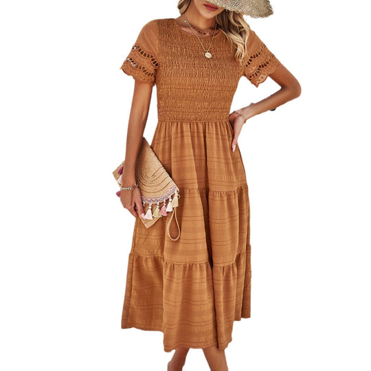 Damen Midikleid mit Puffärmeln und Elastischem Oberteil