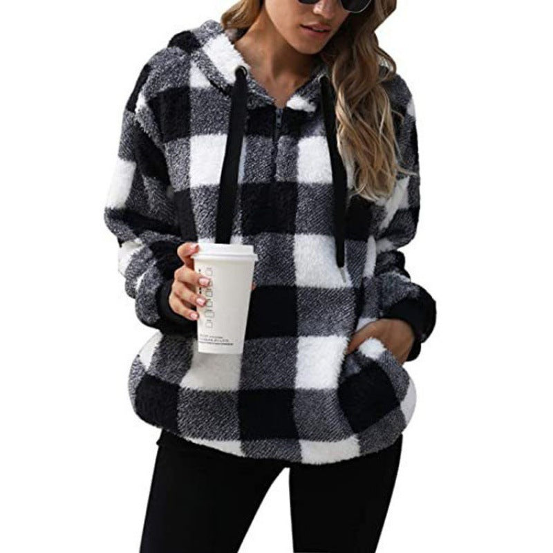Damen Oversized Sherpa-Hoodie im Karomuster mit halbem Reißverschluss und Kängurutasche Shop Nory