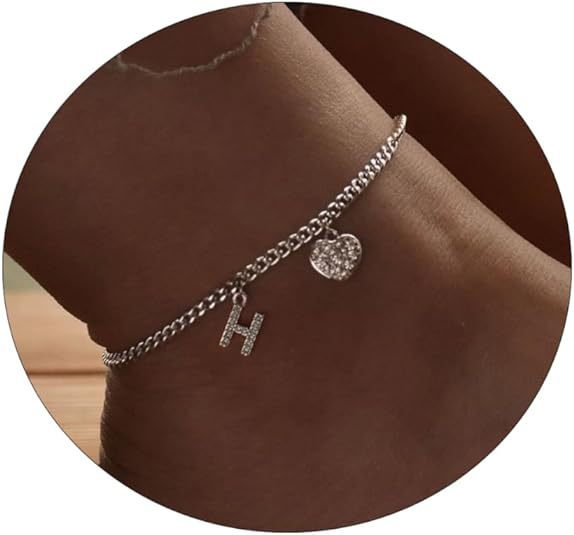 Damen Fußkettchen mit personalisiertem Buchstaben und funkelndem Herzanhänger Shop Nory