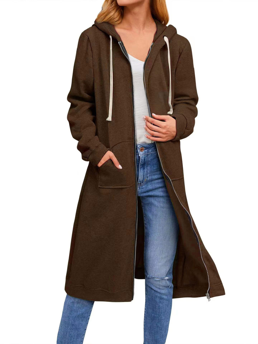 Damen Long Hoodie-Jacke aus bequemen Sweatmaterial mit Taschen