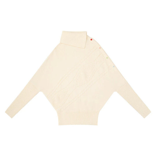 Damen Oversize-Pullover mit Rollkragen, asymmetrischer Schulter-Knopfleiste und Zopfstrick-Details Shop Nory