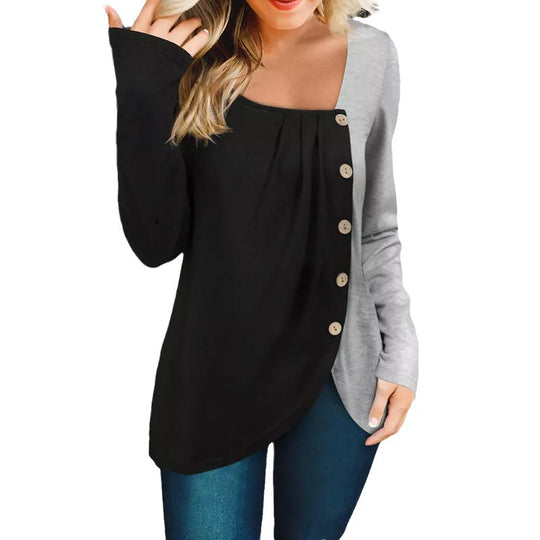 Damen Langarmshirt mit asymmetrischem Saum, Zweifarbiger Optik und Zierknopfleiste Shop Nory