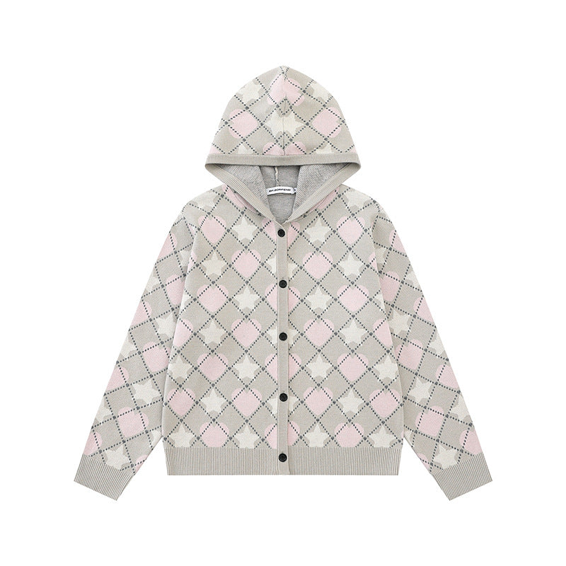 Damen Strick-Kapuzenjacke mit Rautenjacquard und Knopfleiste Shop Nory