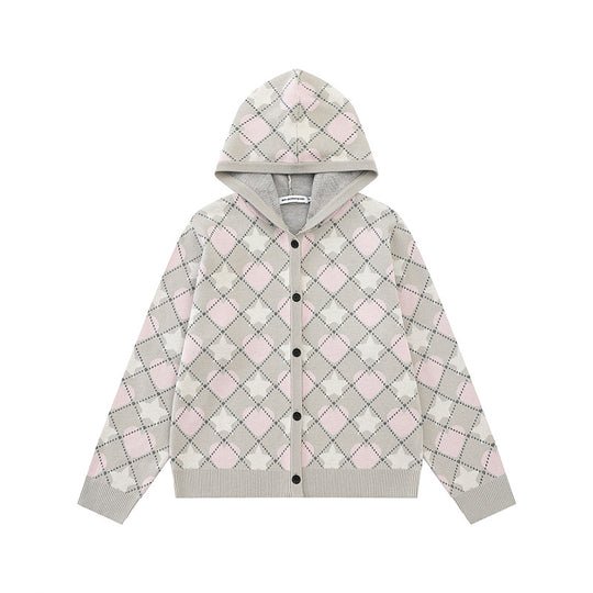 Damen Strick-Kapuzenjacke mit Rautenjacquard und Knopfleiste Shop Nory