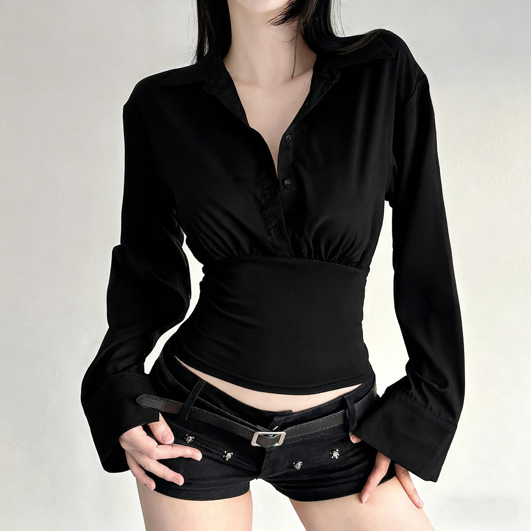 Damen nan taillierte Cropped-Bluse mit Hemdkragen und breitem Stretchbund Shop Nory
