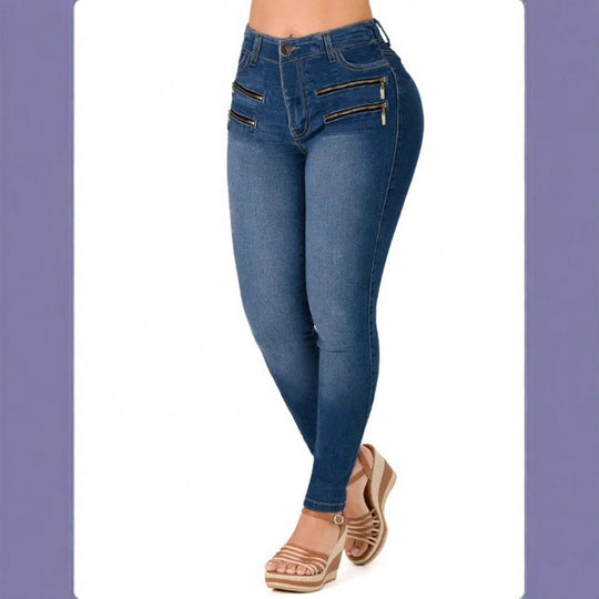 Damen Hochtaillierte Slim‑Fit Jeanshose mit dekorativen Frontreißverschlüssen Shop Nory