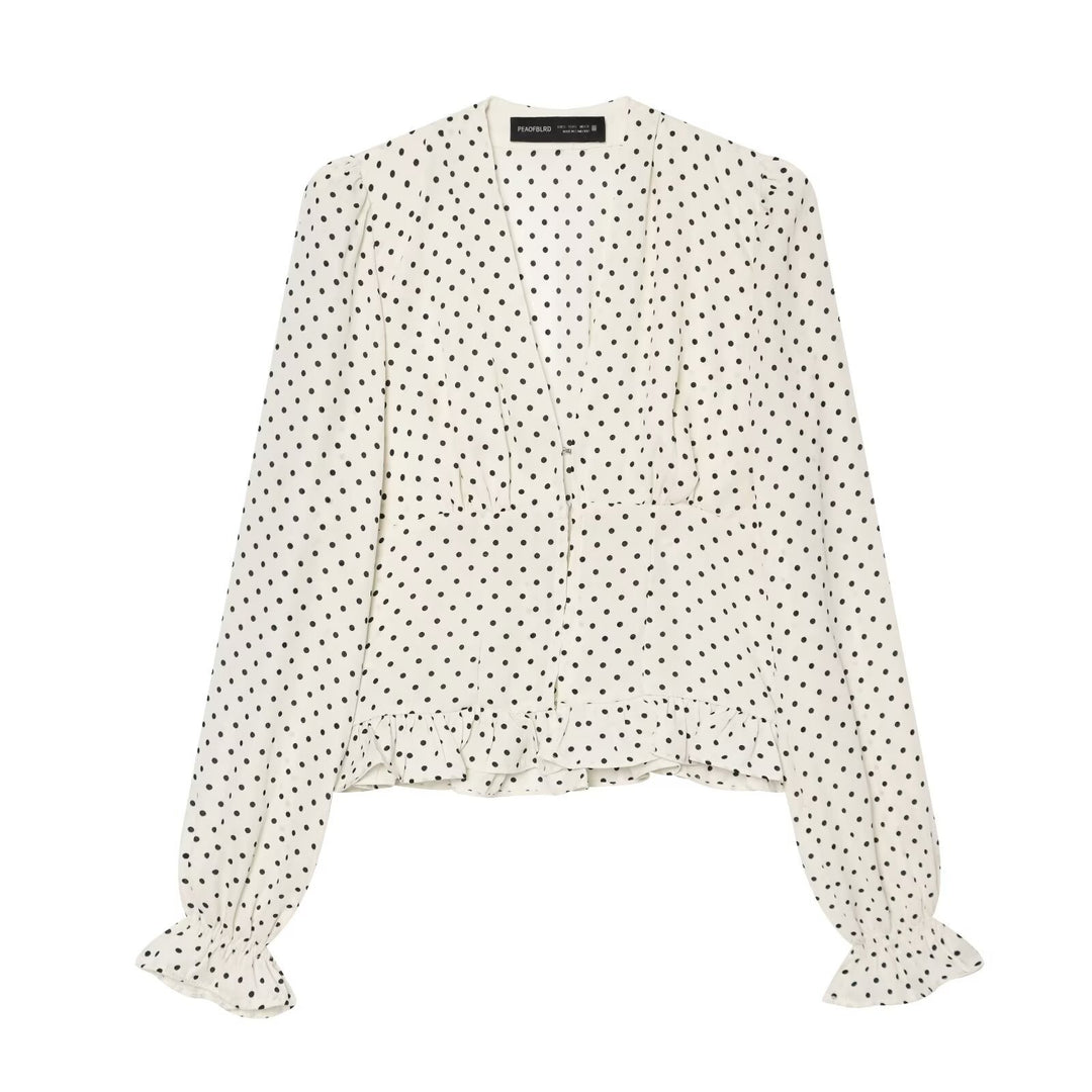 Damen Gepunktete Bluse mit V-Ausschnitt, Rüschen-Saum und Ballonärmeln Shop Nory