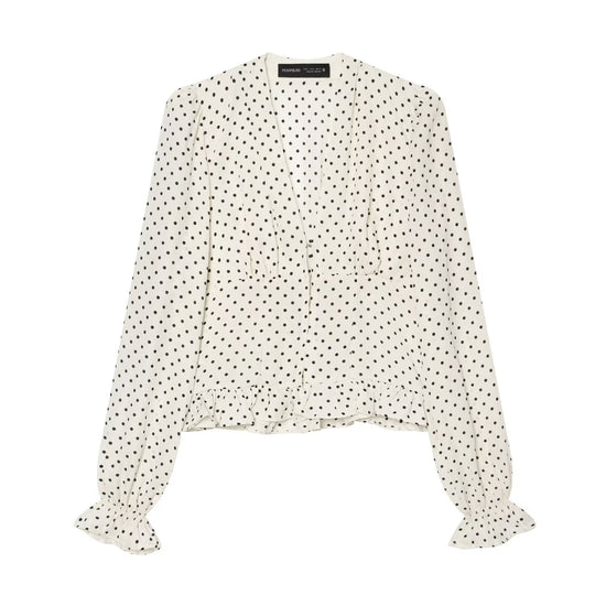 Damen Gepunktete Bluse mit V-Ausschnitt, Rüschen-Saum und Ballonärmeln Shop Nory