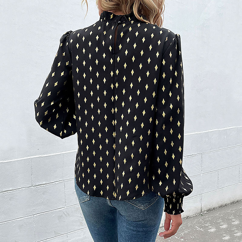 Damen Elegante Rüschen-Stehkragen-Bluse mit Puffärmeln und Smokbündchen Shop Nory