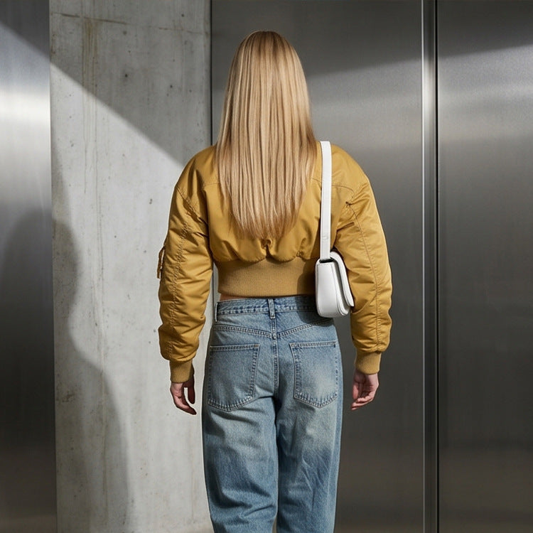 Damen Kurz geschnittene Utility-Bomberjacke mit praktischen Taschen und Rippenbündchen Shop Nory