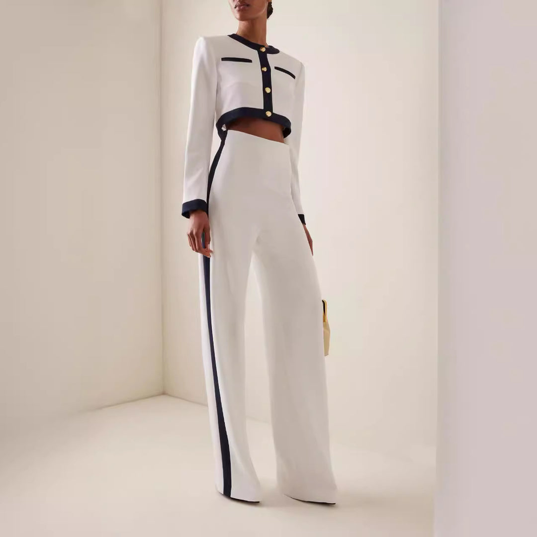 Damen Kurzgeschnittenes Cropped-Tailoring-Set mit Kontrastpaspel und High‑Waist Palazzo-Hose Shop Nory