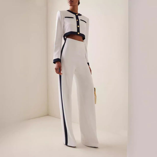 Damen Kurzgeschnittenes Cropped-Tailoring-Set mit Kontrastpaspel und High‑Waist Palazzo-Hose Shop Nory