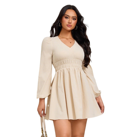 Damen gerafftes Skater-Minikleid mit V-Ausschnitt Smok-Taillenband und ballonärmeln Shop Nory