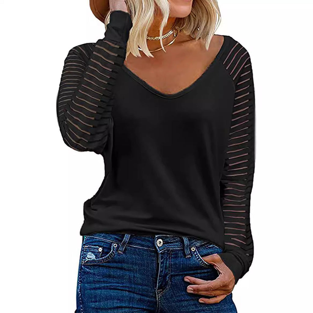 Damen Langärmliges V-Ausschnitt Shirt mit gestreiften Ärmeln
