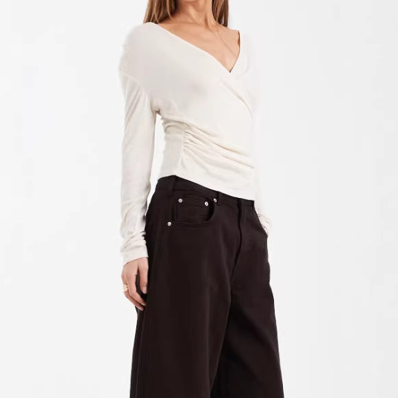 Damen Figurbetontes Wickelshirt mit V-Ausschnitt und Raffung Shop Nory