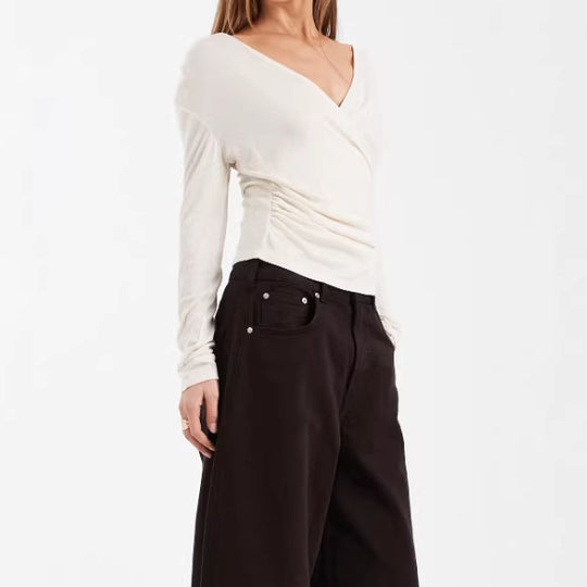 Damen Figurbetontes Wickelshirt mit V-Ausschnitt und Raffung Shop Nory