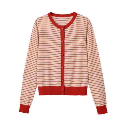 Damen Gestreifter Cropped Feinstrick-Cardigan mit Herzknöpfen und Rippeinfassungen Shop Nory