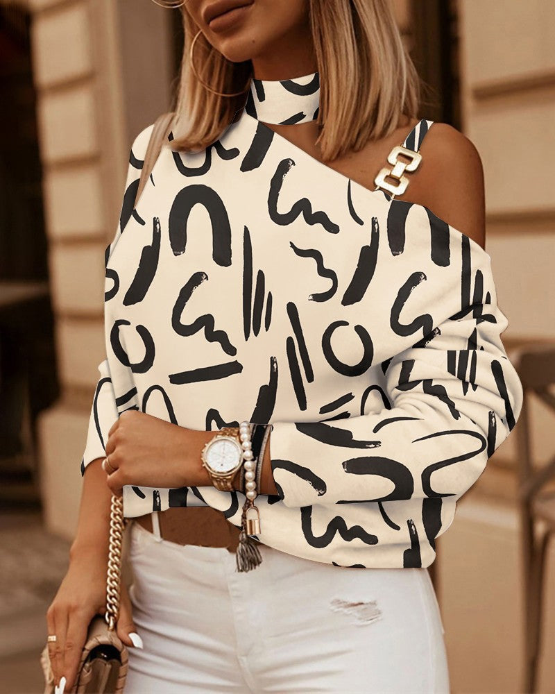 Damen asymmetrisches Off-Shoulder Langarmshirt mit Choker-Kragen und Schulterträgern Shop Nory