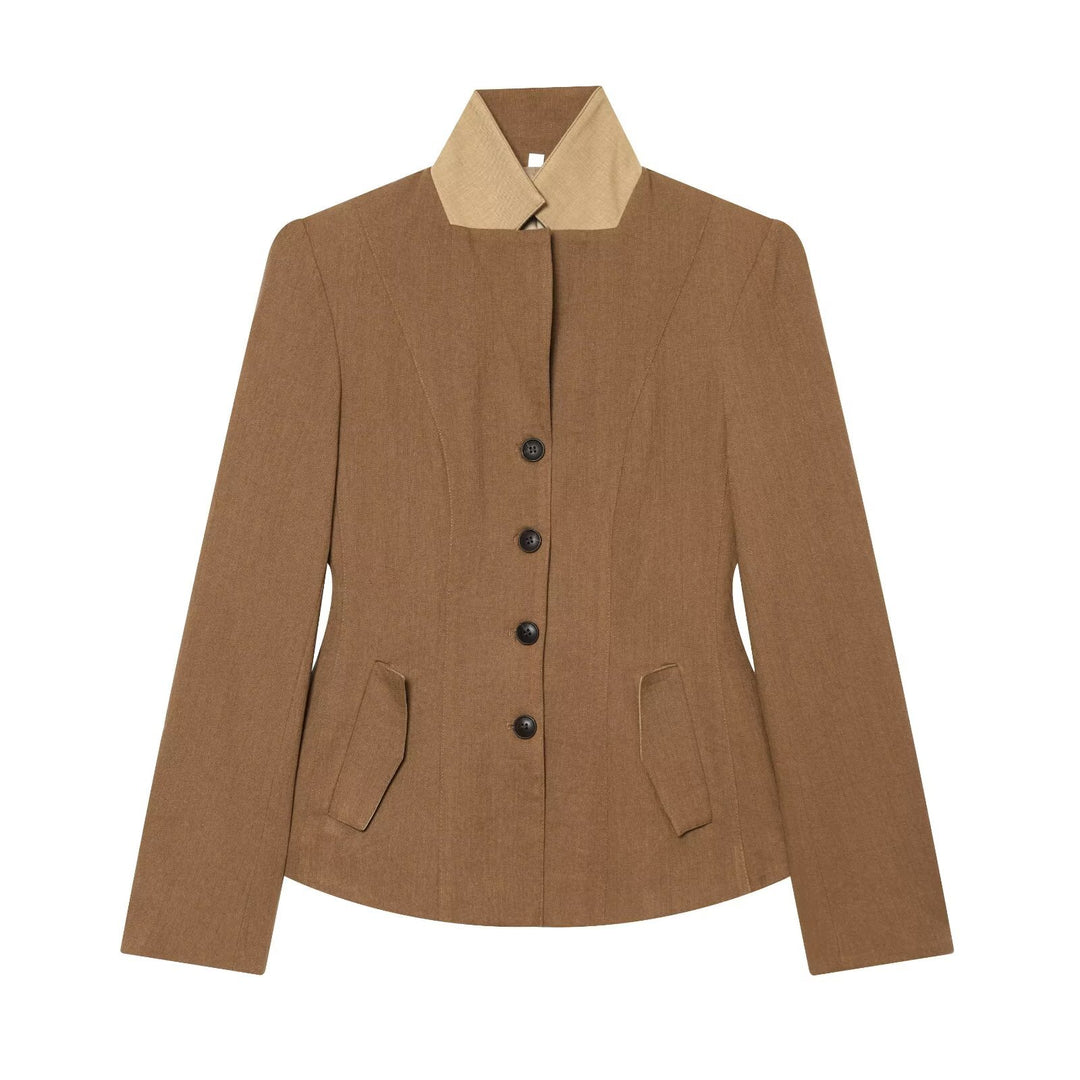 Damen Taillierte Kurzblazerjacke mit Kontrastkragen und Pattentaschen Shop Nory