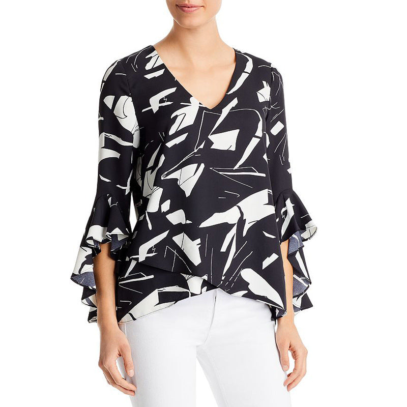 Damen Chiffon-Bluse mit V-Ausschnitt, asymmetrischem Saum und Volant-Ärmeln Shop Nory