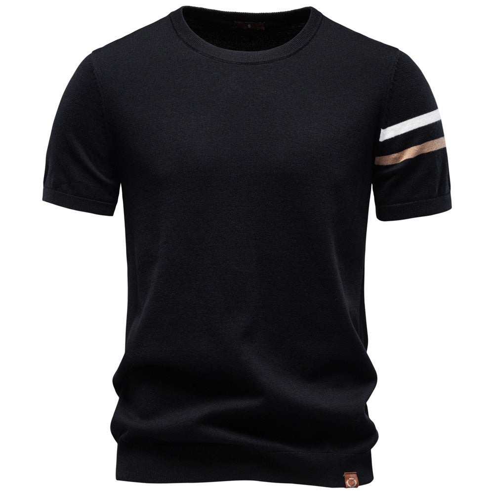 Herren nan feines Baumwollstrickshirt mit Rundhalsausschnitt kurzärmelig und kontrastierenden Ärmelstreifen Shopnory