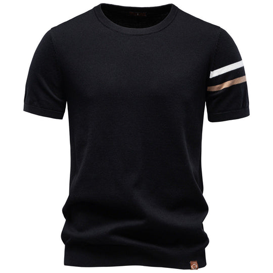 Herren nan feines Baumwollstrickshirt mit Rundhalsausschnitt kurzärmelig und kontrastierenden Ärmelstreifen Shopnory
