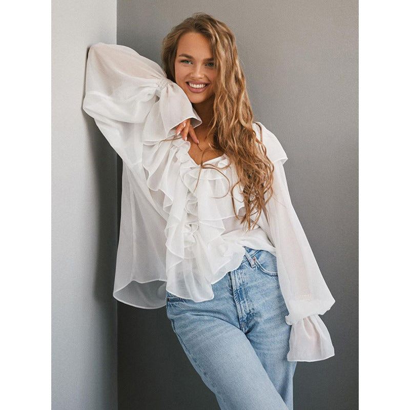 Damen Luftige Rüschenbluse aus Chiffon mit Oversize-Schnitten Shopnory