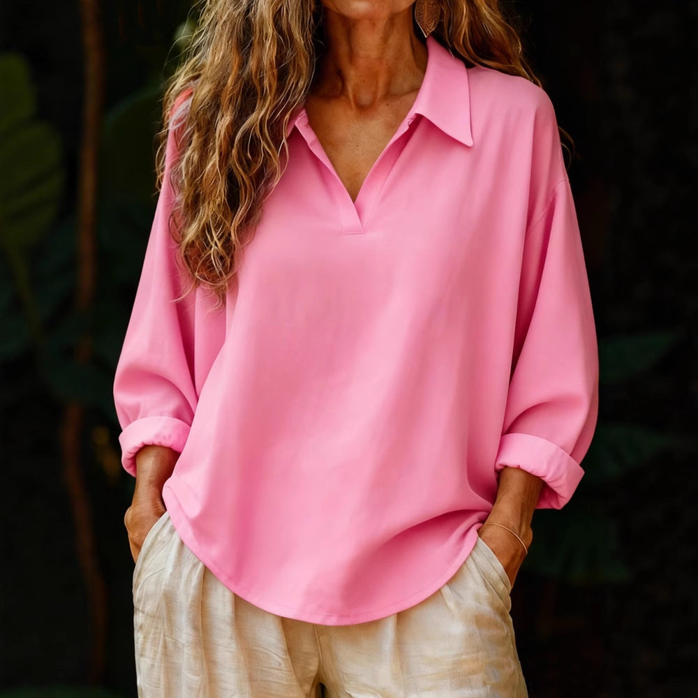 Damen lässige Bluse mit V-Ausschnitt und geknöpftem Kragen Shopnory