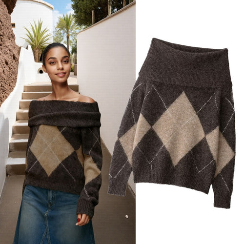 Damen Oversized Strickpullover mit Rollkragen und Rautenmuster Shop Nory