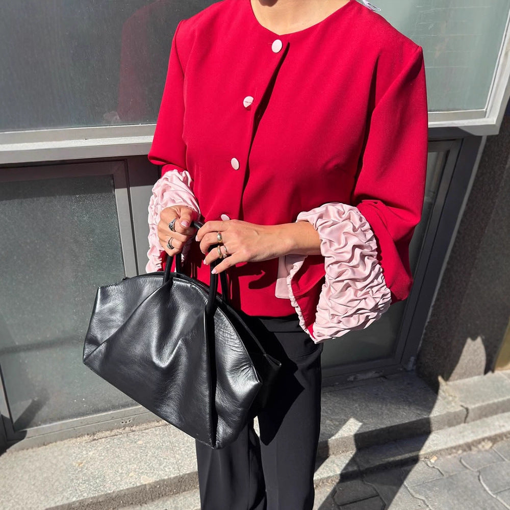 Damen Kurzblazer mit kontrastierenden Rüschensäumen, rundem Ausschnitt und verdeckter Knopfleiste Shop Nory