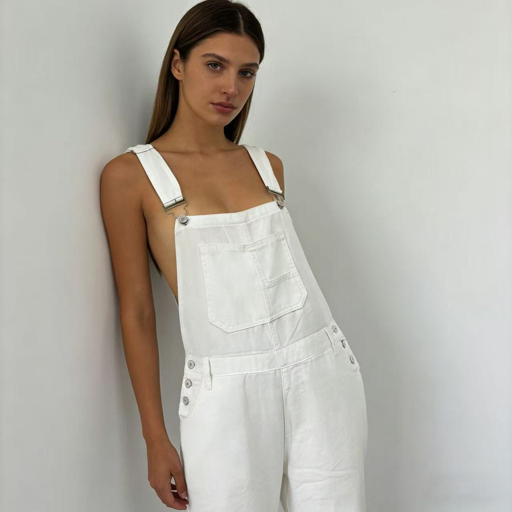 Damen Jeans Latzhose mit weitem Bein und tiefem Rückenausschnitt