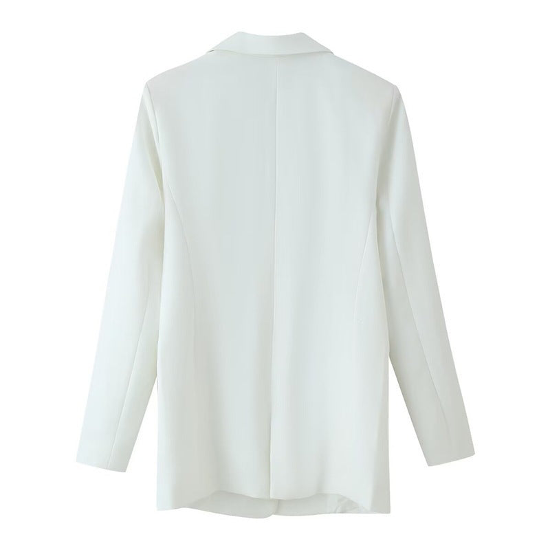 Damen doppelreihiger Longline-Blazer mit Reverskragen und Zierknöpfen Shop Nory